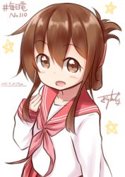 Rule 34 | 1girl, alternate color, brown eyes, brown hair, dated, folded ponytail, gurande (g-size), hair between eyes, highres, inazuma (kancolle), kantai collection, long hair, long sleeves, lucky star, neckerchief, open mouth, pink neckerchief, pleated skirt, ponytail, red skirt, ryouou school uniform, school uniform, serafuku, skirt, solo