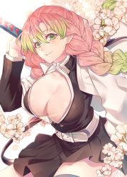 Rule 34 | 1girl, belt, black jacket, black skirt, blush, braid, breasts, cape, cherry blossoms, cleavage, closed mouth, commentary request, cowboy shot, elbow gloves, flower, gloves, gradient hair, green eyes, green hair, hair between eyes, highres, jacket, kanroji mitsuri, kimetsu no yaiba, large breasts, leaning forward, long hair, looking at viewer, looking back, miniskirt, mole, mole under eye, multicolored hair, no bra, open clothes, open jacket, open shirt, pink flower, pink hair, pink lips, selloum, shirt, skirt, smile, solo, twin braids, very long hair, white cape, white shirt