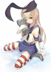 Rule 34 | &gt; &lt;, 10s, 1girl, :3, ;o, anchor hair ornament, bad id, bad pixiv id, blonde hair, brown eyes, closed eyes, elbow gloves, gloves, hair ornament, hairband, highres, kantai collection, kinoki, long hair, looking at viewer, one eye closed, personification, rensouhou-chan, shimakaze (kancolle), sitting, skirt, striped clothes, striped thighhighs, thighhighs, wariza, wink