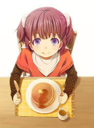 Rule 34 | 1girl, :q, brown hair, butter, chair, child, food, fork, from above, holding, holding fork, knife, looking at viewer, looking up, mattaku mousuke, original, pancake, plate, polka dot, purple eyes, scrunchie, short twintails, solo, syrup, table, tongue, tongue out, twintails, white background