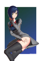 Rule 34 | 10s, 1girl, absurdres, black thighhighs, blue hair, closed mouth, clothes lift, copyright name, darling in the franxx, dress, dress lift, green eyes, grey dress, hair ornament, hairclip, hand on own hip, highres, ichigo (darling in the franxx), invisible chair, looking back, looking down, medal, military, military uniform, northman, sad, short hair, sitting, solo, thighhighs, thighs, uniform