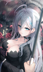 Rule 34 | 1girl, ahoge, animal ear fluff, animal ears, black dress, black gloves, blue archive, blue eyes, blush, breasts, choker, cleavage, closed mouth, collarbone, dress, extra ears, flower, frilled sleeves, frills, gloves, grey hair, highres, holding, holding flower, large breasts, long hair, looking at viewer, mismatched pupils, pistachiocream, pov, pov hands, rain, shiroko (blue archive), shiroko terror (blue archive), solo focus, umbrella, very long hair, wolf ears