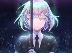 Rule 34 | androgynous, black necktie, collared shirt, crying, crying with eyes open, diamond (houseki no kuni), elbow gloves, gender request, gloves, holding, holding sword, holding weapon, houseki no kuni, looking at viewer, multicolored eyes, multicolored hair, necktie, ozzingo, shirt, short hair, short sleeves, solo, sparkle, sword, tears, uniform, weapon, white gloves