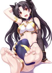 Rule 34 | 1girl, :d, ahoge, anklet, arm behind head, arm support, armlet, armpits, asymmetrical legwear, asymmetrical sleeves, bare arms, bare legs, bare shoulders, barefoot, black hair, black panties, black ribbon, black thighhighs, blue thighhighs, breasts, choker, cleavage, collar, collarbone, crossed legs, detached sleeves, earrings, fate/grand order, fate (series), feet, female focus, foot focus, foreshortening, from below, hair ornament, hair ribbon, head tilt, highleg, highleg panties, highres, hoop earrings, ishtar (fate), jewelry, large breasts, legs, long hair, looking at viewer, looking down, midriff, nail polish, navel, no crown, open mouth, panties, pink nails, red eyes, revealing clothes, ribbon, round teeth, ruton-niki, shadow, simple background, single sleeve, single thighhigh, sitting, smile, soles, solo, strapless, teeth, thighhighs, thighlet, toe ring, toeless legwear, toes, two side up, type-moon, underwear, uneven legwear, uneven sleeves, very long hair, white background