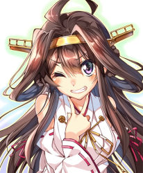 Rule 34 | 10s, 1girl, ahoge, bare shoulders, blush, brown hair, detached sleeves, double bun, grin, hair ornament, hair rings, hairband, headgear, japanese clothes, kantai collection, kongou (kancolle), long hair, looking at viewer, one eye closed, personification, piromizu, purple eyes, ribbon-trimmed sleeves, ribbon trim, smile, solo, v, wide sleeves, wink
