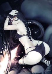 Rule 34 | 10s, 1girl, abyssal ship, armpits, artist name, ass, back, bare shoulders, battleship princess, battleship summer princess, bikini, black bikini, black hair, black nails, black panties, bracelet, breasts, colored skin, female focus, from behind, genyaky, hand on own head, highleg, highleg panties, horns, jewelry, kantai collection, long hair, looking at viewer, looking back, nail polish, pale skin, panties, red eyes, side-tie bikini bottom, skin-covered horns, small breasts, solo, swimsuit, thong, underwear, whale tail (clothing), white skin