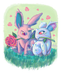 Rule 34 | brown eyes, claws, commentary, couple, creature, creatures (company), english commentary, eye contact, floral background, flower, full body, game freak, gen 1 pokemon, grass, green background, hetero, highres, horns, looking at another, missarilicious, mouth hold, nidoran, nidoran (female), nidoran (male), nintendo, no humans, pink eyes, pink flower, pink rose, pokemon, pokemon (creature), rose, simple background, single horn, sitting