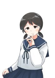 Rule 34 | 1girl, black hair, blue sailor collar, blue skirt, brown eyes, collared shirt, commentary request, highres, kantai collection, long sleeves, looking at viewer, low twintails, neckerchief, parted bangs, pleated skirt, sailor collar, school uniform, serafuku, shirayuki (kancolle), shirt, short hair, short twintails, simple background, skirt, solo, toplow, twintails, white background