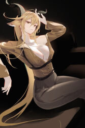 Rule 34 | 1girl, absurdres, ahoge, animal ear fluff, animal ears, arknights, arm rest, armpit crease, arms up, asymmetrical hair, asymmetrical sidelocks, beancake, belt, black background, black belt, black horns, blonde hair, breasts, breasts apart, brown pants, buttons, chest harness, chromatic aberration, collarbone, collared shirt, commentary, couch, cowboy shot, crossed legs, dark, degenbrecher (arknights), double-parted bangs, dress shirt, eyelashes, from side, goat ears, goat girl, goat horns, grin, hair between eyes, hair flowing over, hair spread out, harness, highres, horns, large breasts, leaning, leaning on object, lips, long bangs, long hair, long sleeves, looking at viewer, looking to the side, on couch, pants, parted lips, partially unbuttoned, shade, shadow, shirt, shirt tucked in, sidelocks, simple background, single off shoulder, sitting, smile, solo, straight hair, teeth, underbust, very long hair, wing collar, yellow eyes, yellow shirt