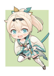 Rule 34 | 1girl, blonde hair, blue eyes, bow, chibi, commentary request, hair between eyes, hair bow, hairband, haniwa (leaf garden), highres, holding, holding sword, holding weapon, hololive, holox, kazama iroha, long hair, long sleeves, looking at viewer, open mouth, ponytail, samurai, sandals, sarashi, smile, solo, sword, thighhighs, upper body, virtual youtuber, weapon, wide sleeves