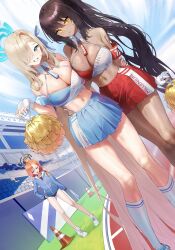 Rule 34 | 3girls, absurdly long hair, absurdres, ahoge, asuna (blue archive), asymmetrical bangs, bare shoulders, black hair, blue archive, blue eyes, blush, braid, breasts, character name, cheerleader, commentary, cosplay, crop top, dark-skinned female, dark skin, detached collar, gloves, hair over one eye, halo, highres, holding, holding pom poms, jacket, karin (blue archive), kneehighs, large breasts, light brown hair, long hair, looking at viewer, midriff, millennium cheerleader outfit (blue archive), mole, mole on breast, mole under eye, multiple girls, navel, neru (blue archive), orange hair, outdoors, partially fingerless gloves, pleated skirt, pom pom (cheerleading), pom poms, sbgu, shoes, single braid, skirt, smile, sneakers, socks, stomach, sweat, swept bangs, symbol-only commentary, thighs, very long hair, yellow eyes