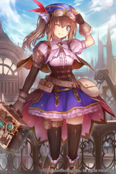 Rule 34 | 1girl, age of ishtaria, belt, blue eyes, boots, brown hair, copyright notice, daedalus (age of ishtaria), fingerless gloves, gloves, goggles, goggles on headwear, hat, long hair, official art, one eye closed, side ponytail, sky, solo, thighhighs, uuta (uturautouto)
