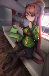 Rule 34 | 1girl, 3d background, absurdres, black skirt, black thighhighs, brown hair, commentary, commission, cosplay, cup, doki doki literature club, english commentary, full body, green eyes, green jacket, hair ribbon, highres, indoors, jacket, lens flare, long hair, monika (doki doki literature club), no shoes, persona, persona 4, pillow, pleated skirt, ponytail, ribbon, satonaka chie, satonaka chie (cosplay), sitting, skirt, solo, steam, thighhighs, tsukimaru, very long hair