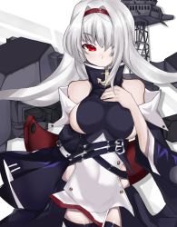Rule 34 | 1girl, artist request, azur lane, bad id, bad pixiv id, bare shoulders, belt, breasts, clothing cutout, coat, colorado (azur lane), detached sleeves, dress, hair intakes, hair over one eye, hairband, high collar, highres, large breasts, long hair, red eyes, side cutout, sideboob, sleeveless, sleeveless dress, solo, white hair