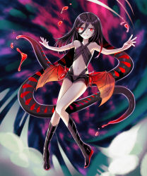 Rule 34 | 1girl, bare shoulders, black hair, boots, borrowed character, cthulhu mythos, flat chest, gradient hair, hair between eyes, kuroi nyan, long hair, looking at viewer, multicolored hair, navel, nyarlathotep, original, outstretched arms, popia jashin, red eyes, red hair, smile, solo, tentacles, wings