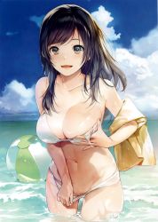 Rule 34 | 1girl, :d, absurdres, ball, bare shoulders, beach, beachball, bikini, bikini pull, black hair, breasts, brown eyes, cleavage, clothes pull, cowboy shot, cropped, day, girl m, groin, highres, hougu souji, large breasts, long hair, looking at viewer, navel, open mouth, original, outdoors, scan, smile, solo, swimsuit, undressing, wading, white bikini