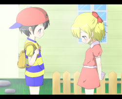Rule 34 | 1boy, 1girl, backpack, bag, black hair, blonde hair, bow, child, couple, hair bow, letter, mother (game), mother 2, ness (mother 2), nintendo, paula (mother 2), pikanchu, randoseru, shirt, striped clothes, striped shirt