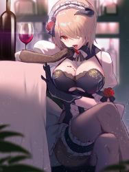 Rule 34 | 1girl, alcohol, asymmetrical gloves, black gloves, black pantyhose, bottle, breasts, brown hair, cleavage, crossed legs, cup, drinking glass, flower, gloves, hair flower, hair ornament, hair over one eye, highres, honkai (series), honkai impact 3rd, indoors, large breasts, looking at viewer, maid, maid headdress, mismatched gloves, open mouth, pantyhose, red eyes, red flower, red rose, red wine, rita rossweisse, rita rossweisse (umbral rose), rose, short hair, sitting, solo, sylvia (huajiuhuajiu), table, wine, wine bottle, wine glass