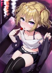 Rule 34 | 1girl, absurdres, aged down, bare shoulders, belt, black choker, black jacket, black thighhighs, blonde hair, blush, breasts, candy, child, choker, coco kaine, collarbone, commentary, food, from above, hair ornament, highres, hololive, jacket, lollipop, looking at viewer, mole, mole under eye, purple eyes, shirt, short hair, short shorts, shorts, sitting, small breasts, solo, thighhighs, tongue, tongue out, trap (drthumt), twintails, virtual youtuber, white belt, white shirt