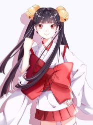 Rule 34 | 1girl, bell, black hair, bow, cardcaptor sakura, chobits, clenched hand, cosplay, creator connection, dress, hair bell, hair ornament, hand on own hip, highres, kotoko (chobits), kotoko (chobits) (cosplay), li meiling, long hair, red bow, red dress, simple background, smile, standing, white background, wide sleeves, ying weiyu