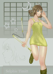 Rule 34 | 1990s (style), 1girl, bare shoulders, blue eyes, brown hair, curly hair, dress, female focus, final fantasy, final fantasy viii, highres, jewelry, long hair, necklace, nunchucks, partially colored, plumsyrup, selphie tilmitt, solo