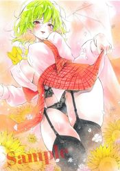 Rule 34 | 1girl, arim0k0, ascot, black panties, black thighhighs, breasts, cleavage, clothes lift, covered erect nipples, flower, garter belt, garter straps, green hair, highres, kazami yuuka, large breasts, lifted by self, long sleeves, looking at viewer, open clothes, open mouth, open shirt, orange background, panties, red eyes, red skirt, sample watermark, shirt, short hair, skirt, skirt lift, smile, solo, star (symbol), teeth, thighhighs, touhou, traditional media, underwear, upper teeth only, watermark, white shirt, yellow ascot, yellow flower