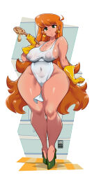 Rule 34 | 1girl, alternate hairstyle, apron, arms at sides, bayeuxman, black eyes, breasts, cameltoe, cartoon network, cleft of venus, curvy, dark-skinned female, dark skin, dexter&#039;s laboratory, dexter&#039;s mom, earrings, female focus, full body, gloves, highres, jewelry, large breasts, legs, lips, long hair, looking at viewer, mature female, naked apron, orange hair, short hair, simple background, solo, standing, tan, tanline, thick thighs, thighs, very long hair, wide hips, yellow gloves