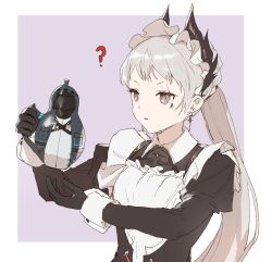 Rule 34 | 1girl, ?, arknights, black dress, black gloves, border, dal-gi, doctor (arknights), dress, earrings, gloves, grey eyes, grey hair, head wings, highres, holding, holding teapot, irene (arknights), irene (voyage of feathers) (arknights), jewelry, long hair, official alternate costume, outside border, pink background, ponytail, scar, scar across eye, simple background, solo, teapot, upper body, white border, wings