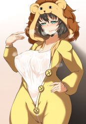 Rule 34 | 10s, 1girl, alternate skin color, breasts, brown hair, cleavage, colored skin, cowboy shot, girls und panzer, green eyes, hand on own hip, hoshino (girls und panzer), large breasts, leopon (animal), long sleeves, mascot costume, pandain, parted lips, shirt, short hair, solo, standing, sweat, unbuttoned, wet, wet clothes, wet shirt, white shirt, white skin
