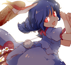 Rule 34 | 1girl, animal ears, backlighting, blue hair, earclip, highres, kine, legacy of lunatic kingdom, looking at viewer, mallet, open mouth, ponytail, puffy short sleeves, puffy sleeves, rabbit ears, rabbit tail, red eyes, seiran (touhou), shirt, short sleeves, skirt, skirt set, smile, solo, tail, touhou, yetworldview kaze