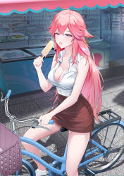 Rule 34 | 1girl, bare arms, bare shoulders, bicycle, breasts, brown skirt, cleavage, collared shirt, food, genshin impact, hair ornament, highres, large breasts, long hair, maze (sherlock5230), outdoors, parted lips, pink hair, popsicle, purple eyes, riding, riding bicycle, shirt, shirt tucked in, short sleeves, skirt, sleeveless, sleeveless shirt, solo, thighs, white shirt, yae miko