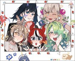 Rule 34 | 5girls, ahoge, animal ears, antlers, black collar, black hair, black jacket, blonde hair, blue eyes, blue hair, boomei (nanashi mumei), boros (ouro kronii), bow, bow earrings, branch, brown eyes, brown hair, casual, cat ears, ceres fauna, collar, dark-skinned female, dark skin, dog ears, double v, dress, earrings, eus ing, feather hair ornament, feathers, friend (nanashi mumei), green hair, grin, hair intakes, hair ornament, hair over one eye, hairclip, hakos baelz, hakos baelz (rat), halo, heart, holocouncil, hololive, hololive english, hood, hoodie, horns, jacket, jewelry, kronie (ouro kronii), light brown hair, limiter (tsukumo sana), long hair, looking at viewer, mechanical halo, mole, mole under eye, mouse ears, mouse girl, mouse tail, mr. squeaks (hakos baelz), multicolored hair, multiple girls, nail polish, nanashi mumei, one eye closed, ouro kronii, planet hair ornament, ponytail, purikura, pursed lips, red hair, sanallite (tsukumo sana), shirt, short hair, smile, spiked collar, spikes, streaked hair, sweater, t-shirt, tail, tongue, tongue out, tsukumo sana, turtleneck, twintails, v, very long hair, virtual youtuber, whiskers, white dress, white hair, white hoodie, white shirt, white sweater, wide-eyed, wings, yatagarasu (tsukumo sana), yellow eyes, yukkuri shiteitte ne