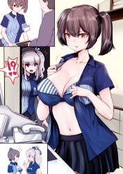 Rule 34 | !?, 10s, 1boy, 2girls, beret, blue bra, blue eyes, bra, breasts, brown eyes, brown hair, cleavage, comic, hat, highres, indoors, kaga (kancolle), kantai collection, kashima (kancolle), large breasts, lawson, multiple girls, name tag, navel, open clothes, side ponytail, silent comic, silver hair, skirt, souryu, sweatdrop, twintails, underwear, undressing, uniform, upper body