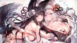 Rule 34 | 2girls, absurdres, animal ears, bare shoulders, bell, black gloves, black hair, blue eyes, blush, grabbing another&#039;s breast, breasts, chromatic aberration, cleavage, closed mouth, collarbone, commentary request, detached sleeves, erune, fox ears, fox tail, fur trim, gloves, grabbing, granblue fantasy, hair bell, hair between eyes, hair ornament, highres, jingle bell, large breasts, lips, long hair, looking at viewer, multiple girls, parted lips, red eyes, silver hair, simple background, smile, societte (granblue fantasy), tail, teeth, upper body, very long hair, watao, yuel (granblue fantasy)