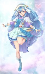 Rule 34 | 1girl, blue eyes, blue footwear, blue hair, breasts, chocokin, cure ange, earrings, floating hair, frilled skirt, frills, full body, hair ornament, hugtto! precure, jewelry, leg up, long hair, looking at viewer, miniskirt, outstretched arms, parted lips, pleated skirt, precure, see-through, skirt, small breasts, solo, standing, standing on one leg, very long hair, white skirt, wrist cuffs