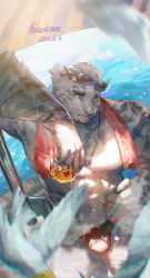 Rule 34 | 1boy, abs, absurdres, alternate costume, animal ears, arknights, bara, beach, bird, black-framed eyewear, blue eyes, contemporary, cup, daylightallure, eyewear on head, from above, furry, furry male, hand on own hip, highres, holding, holding cup, jewelry, large pectorals, looking at viewer, male focus, male swimwear, mountain (arknights), muscular, muscular male, necklace, nipples, pectorals, pigeon, red male swimwear, scar, scar across eye, scar on face, shell, shell necklace, short hair, solo, stomach, summer, sunglasses, sunlight, swim briefs, thick eyebrows, thighs, tiger boy, tiger ears, topless male, towel, towel around neck, water, white fur, white hair