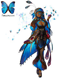 Rule 34 | 1girl, absurdres, bare shoulders, blue eyes, blue hair, breasts, bug, butterfly, colored inner hair, crossed legs, dark-skinned female, dark skin, fang, fingernails, full body, hand on own hip, highres, insect, jewelry, large breasts, long hair, monocle, multicolored hair, nail polish, original, pointy ears, pointy footwear, reference inset, ring, rinotuna, sharp fingernails, solo, two-tone hair, watson cross, white background