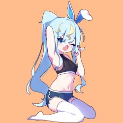 Rule 34 | 1girl, blue eyes, blue hair, cross (vgne4542), dolphin shorts, highres, kaminari clara, navel, phase connect, phase connect jp, ponytail, shorts, simple background, solo, virtual youtuber, yawning