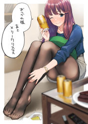 Rule 34 | 1girl, beer can, blue eyes, blue sweater, blurry, blurry foreground, blush, brown hair, can, closed mouth, controller, depth of field, doushimasho, drink can, fingernails, hand up, highres, holding, indoors, legs together, long hair, long sleeves, looking at viewer, mole, mole above mouth, nail polish, one eye closed, original, pantyhose, plate, red nails, remote control, sitting, smile, solo, sweater, table, watch, wristwatch