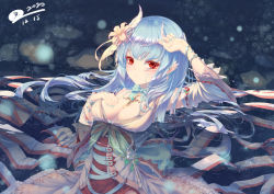 Rule 34 | 1girl, absurdres, arm up, blue hair, breasts, cleavage, dress, earrings, floating hair, flower, hair flower, hair ornament, hand on breast, hand up, highres, in water, jewelry, large breasts, long hair, nail polish, original, parted lips, pointy ears, red eyes, seelehan, solo, teeth, water, white dress, white flower