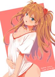 Rule 34 | 1girl, arched back, artist name, bare shoulders, blue eyes, bottomless, breasts, clearite, cleavage, collarbone, covered erect nipples, hand on own stomach, headgear, long hair, looking at viewer, neon genesis evangelion, no bra, off shoulder, orange hair, shirt, shirt tug, short sleeves, solo, souryuu asuka langley, white shirt