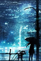 Rule 34 | 1girl, absurdres, blue theme, building, city lights, cityscape, commentary, feet out of frame, from behind, glowing, highres, holding, holding umbrella, long hair, night, original, outdoors, power lines, scenery, signature, skyrick9413, solo, umbrella, utility pole