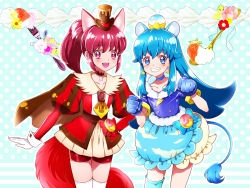 Rule 34 | 10s, 2girls, :d, aino megumi, animal ears, bike shorts, blue background, blue bow, blue eyes, blue gloves, blue hair, blue shirt, blue skirt, blue thighhighs, bow, brooch, brown cape, cape, capelet, cat ears, cat tail, choker, clenched hand, cloud print, color connection, cosplay, cowboy shot, crown, cure chocolat, cure chocolat (cosplay), cure gelato, cure gelato (cosplay), dog ears, dog tail, extra ears, flower, food, fork, fruit, gloves, grin, happinesscharge precure!, jewelry, kagami chihiro, kirakira precure a la mode, layered skirt, lion ears, lion tail, looking at viewer, magical girl, mini crown, multiple girls, open mouth, pink eyes, pink hair, polka dot, polka dot background, ponytail, precure, print skirt, red shorts, shirayuki hime, shirt, short hair, shorts, shorts under skirt, single thighhigh, skirt, smile, strawberry, tail, thighhighs, white skirt