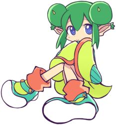 Rule 34 | 1girl, bad id, bad pixiv id, blue eyes, double bun, full body, green hair, hair bun, horns, lidelle (puyopuyo), lowres, madou monogatari, official style, pointy ears, puyopuyo, puyopuyo fever, shoes, short hair, skirt, sleeves past wrists, smile, solo, transparent background, white background, yamada (kamett)