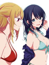 Rule 34 | 2girls, aqua ribbon, bare shoulders, bikini, blonde hair, blue bikini, blue eyes, blue hair, blue jacket, breast envy, breasts, cleavage, closed mouth, commentary, front-tie bikini top, front-tie top, gradient hair, hair between eyes, hair ribbon, halterneck, highres, hoshino ruby, jacket, kurokawa akane, kusana (kusana47454281), light blue hair, long hair, looking at viewer, low twintails, medium breasts, multicolored hair, multiple girls, navel, open clothes, open jacket, open mouth, oshi no ko, purple eyes, red bikini, ribbon, sideboob, sidelocks, simple background, stomach, sweatdrop, swimsuit, twintails, upper body, white background