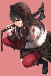 Rule 34 | 1girl, animal ears, argyle, arknights, axe, battle axe, bear ears, black footwear, blue eyes, boots, brown hair, chain, commentary request, cross-laced footwear, earphones, female focus, fur-trimmed jacket, fur trim, hand on own knee, holding, holding weapon, jacket, kfr, long hair, long sleeves, making-of available, neckerchief, over shoulder, pink background, red neckerchief, sailor collar, solo, squatting, weapon, weapon on back, weapon over shoulder, zima (arknights)