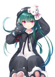 Rule 34 | 1girl, animal costume, arm up, bear costume, black ribbon, blush, closed mouth, collarbone, commentary request, green hair, hand puppet, hand up, highres, hood, hood up, invisible chair, long hair, looking at viewer, na-ga, neck ribbon, original, paw shoes, puppet, red eyes, ribbon, simple background, sitting, smile, solo, very long hair, white background