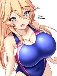 Rule 34 | 1girl, blonde hair, blue eyes, blue one-piece swimsuit, breasts, cleavage, competition swimsuit, covered navel, cowboy shot, dated, hair between eyes, highres, iowa (kancolle), kantai collection, large breasts, long hair, looking at viewer, montemasa, one-hour drawing challenge, one-piece swimsuit, open mouth, simple background, smile, solo, star-shaped pupils, star (symbol), swimsuit, symbol-shaped pupils, twitter username, white background