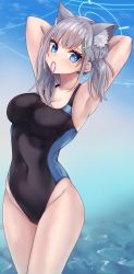 Rule 34 | 1girl, animal ear fluff, animal ears, arm behind head, black one-piece swimsuit, blue archive, blue eyes, breasts, competition swimsuit, covered navel, cross hair ornament, extra ears, grey hair, hair ornament, halo, highres, low ponytail, medium breasts, medium hair, mismatched pupils, mouth hold, multicolored clothes, multicolored swimsuit, one-piece swimsuit, rubber band, shiroko (blue archive), shiroko (swimsuit) (blue archive), solo, standing, swimsuit, syu an n