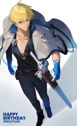 Rule 34 | 1boy, absurdres, belt, black shirt, blonde hair, blue eyes, blue gloves, collarbone, dated, english text, full body, gloves, guilty gear, guilty gear strive, happy birthday, highres, jacket, jacket on shoulders, ky kiske, male focus, pants, partially fingerless gloves, pectorals, sheath, sheathed, shirt, short hair, solo, standing, sword, thunderseal, uonomesabu, v-neck, weapon, white jacket